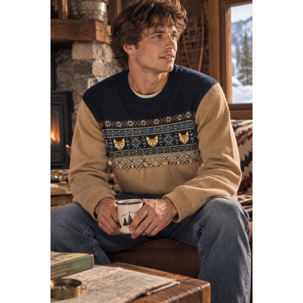Club Room Mens Merino Wool Blend Fair Isle Fox Sweater Navy Tan Large